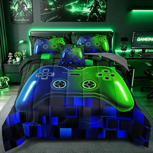 Miniatura 10 de Juego de ropa de cama de 5 piezas con estampado de videojuegos tamaño individual para niños, niñas, adolescentes, ropa de cama de 5 piezas en una