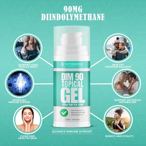 Miniatura 4 de Phytogenesis DIM 90 - Suplemento dim de máxima fuerza gel tópico - 90 mg de diindolilmetano natural (DIM) por porción - Soporte hormonal, cognitivo