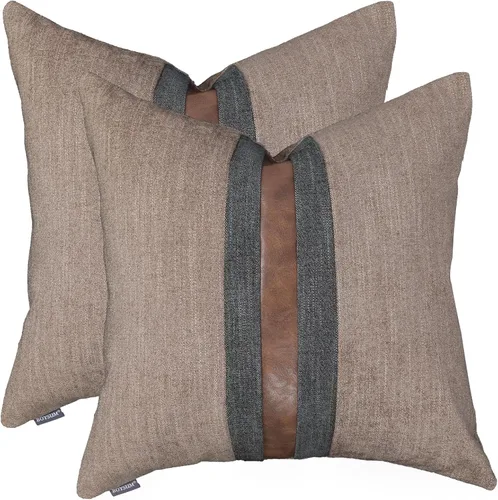Miniatura 10 de Juego de 2 fundas de almohadas decorativas de cuero, decoración de exteriores, lino con parches, almohadas de cuero sintético marrón, funda