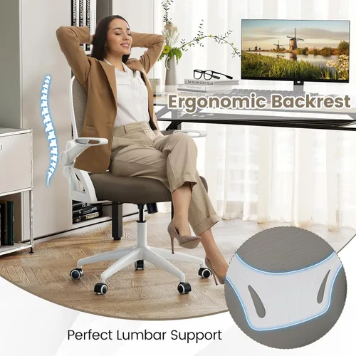 Miniatura 4 de COSTWAY Silla de oficina, cómoda silla giratoria de escritorio con altura ajustable y reposabrazos abatibles, sillas ergonómicas de malla para Gris