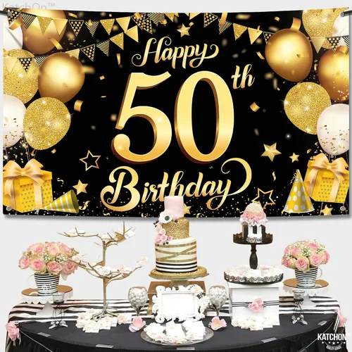 Miniatura 2 de KatchOn, Fondo de feliz cumpleaños 50, grande, 72 x 44 pulgadas, decoraciones de cumpleaños 50 negro y dorado Cartel de feliz cumpleaños 50