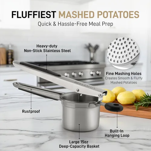 Miniatura 2 de Bellemain Triturador de patatas grande de 15oz para puré de patatas, triturador y exprimidor de patatas de acero inoxidable, triturador de verduras