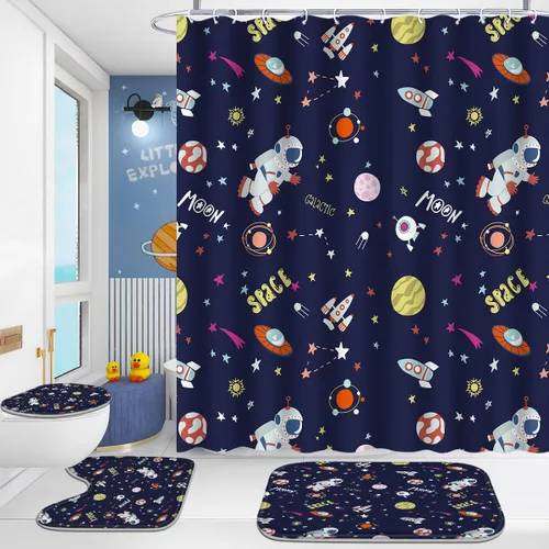 Miniatura 8 de Poedist Juego de 4 cortinas de ducha de baño, juego de baño para niños, juegos de cortinas de ducha espaciales con alfombras