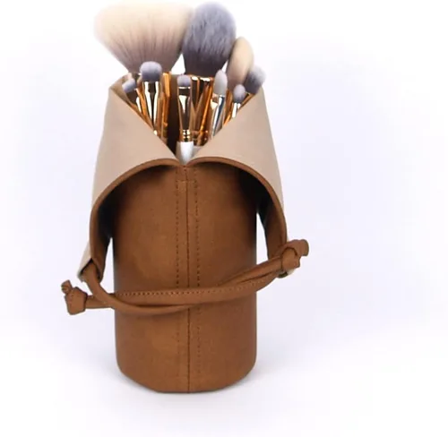 Miniatura 4 de Soporte para brochas de maquillaje de viaje, bolsa vegana hecha a mano, bolsa de piel sintética, organizador de maquillaje marrón, organizador
