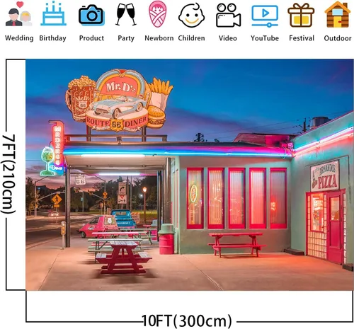 Miniatura 2 de Telón de fondo retro para restaurante de 10 x 7 pies, ruta 66, tienda de conveniencia, luces de neón de calle, fondo nostálgico, de los años 50