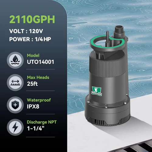 Miniatura 2 de PUMPMAN Bomba de agua portátil de 1/4 HP, bomba sumergible de utilidad de 2110 GPH con manguera de jardín de 3/4 pulgadas, adaptador de válvula