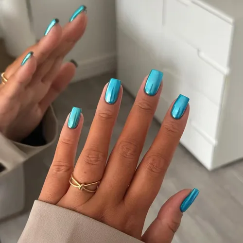 Miniatura 14 de Uñas Postizas Cuadradas de Cromo Púrpura Cortas Medianas para Presionar, KQueenest Uñas Acrílicas Falsas de Plateado Metálico Espejo para Presionar