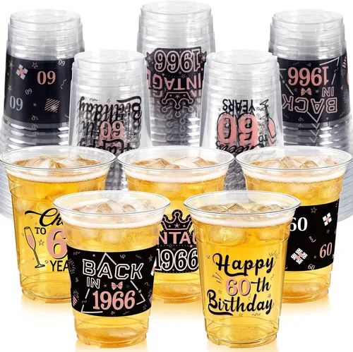 Miniatura 8 de 50 Piezas Vasos de Plástico para Fiesta de Cumpleaños 40 a Granel, 16 Oz Vasos de Beber Desechables de Plástico Transparente Negro Dorado
