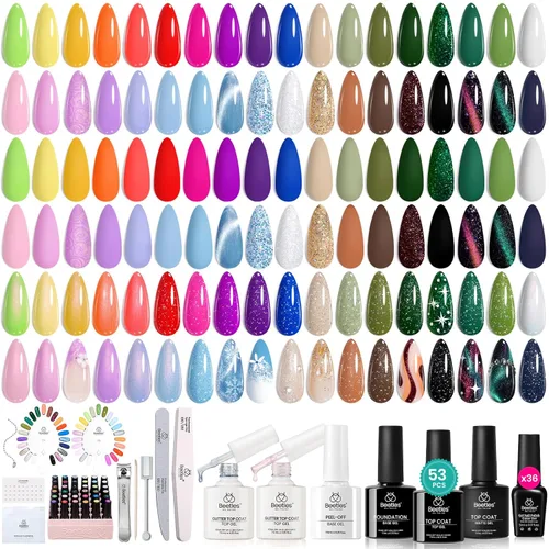 Beetles - Kit de esmalte de uñas de gel de 36 colores, juego de esmalte de gel pastel de verano con capa base, capa superior brillante y pegamento