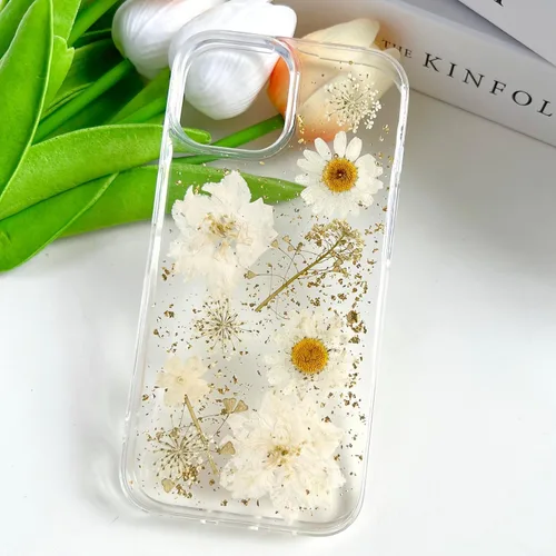 Miniatura 2 de LSEEKA Funda transparente para iPhone 13 Mini/iPhone 12 Mini con diseño de flores reales prensadas, con purpurina, bonito patrón floral blanco, Oro