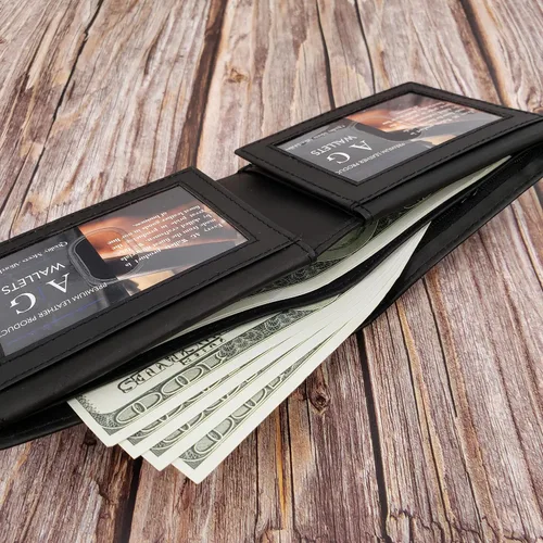 Miniatura 5 de AG Wallets Tarjetero de cuero para hombre con ventanas de identificación dobles abatibles, Negro -, Cartera plegable