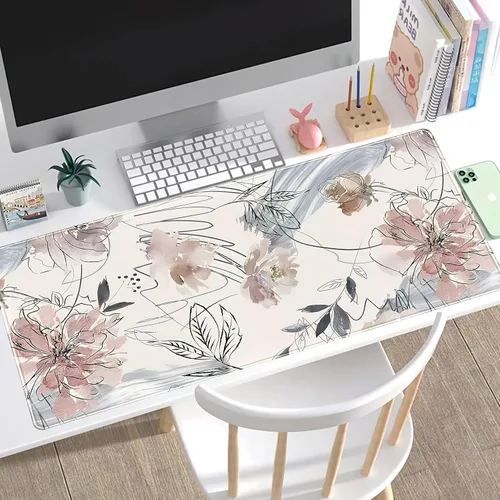 Miniatura 5 de Tapete de escritorio, diseño de flores pintadas a mano con diseño de abstracción (31.5 x 15.75 pulgadas), bonita alfombrilla de mouse grande