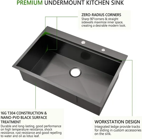 Miniatura 6 de Fregadero de cocina de 33 x 22 pulgadas, fregadero de cocina negro de 33 pulgadas, fregadero de estación de trabajo de acero inoxidable 304 negro