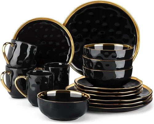 Miniatura 13 de LOVECASA Juego de 12 piezas de platos y cuencos, vajilla de porcelana negra y dorada, platos de cena redondos, juego de vajilla para 4 personas