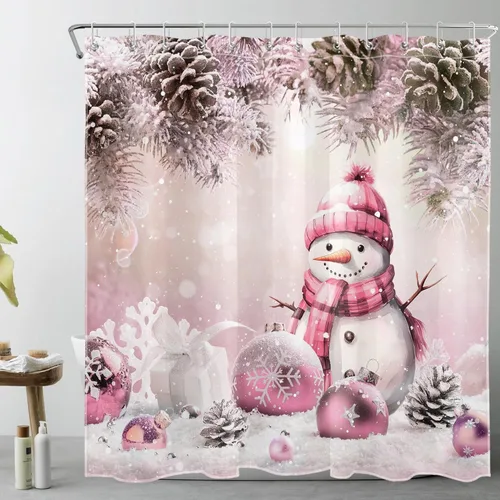 Miniatura 10 de LB Cortina de ducha de Feliz Navidad, bola de Navidad rosa, bonita cortina de ducha de muñeco de nieve, juego de cortina de ducha de invierno blanco