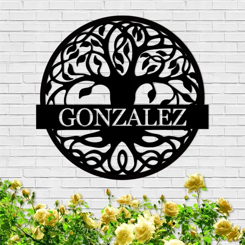 Miniatura 12 de Arte de pared personalizado del Árbol de la vida, decoración personalizada con apellido, letrero de metal para balcón exterior, arte de pared
