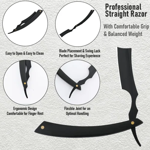Miniatura 6 de Navaja de afeitar recta con estropa - Afeitadora profesional de borde recto de acero inoxidable premium para barbero con estropa para afeitado