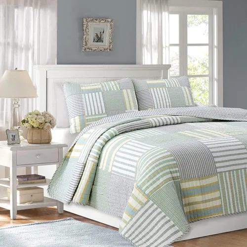 Cozy Line Home Fashions Juego de ropa de cama de retazos reales a cuadros y rayas verdes, amarillos y azules, 100% algodón, colcha reversible,