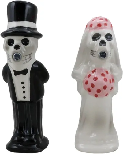 Miniatura 5 de Ebros Gift Juego de saleros y pimenteros de esqueleto para pareja, boda, novia y novio, calaveras de cerámica, esqueletos, cocina, comedor, bar