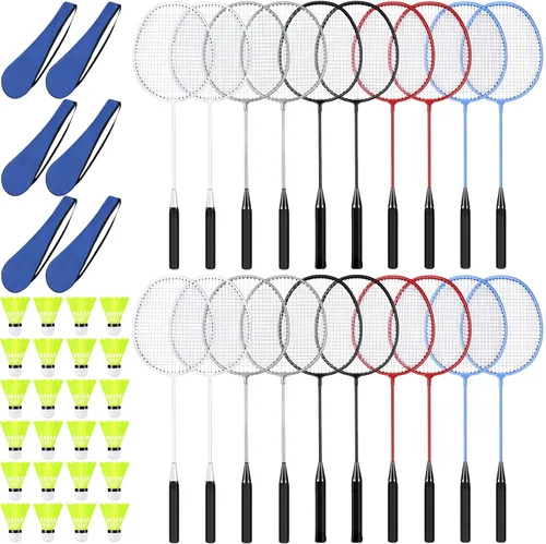Miniatura 10 de Juego de 20 raquetas de bádminton con 24 volantes y 6 bolsas de transporte, raquetas de bádminton resistentes y ligeras para adultos principiantes