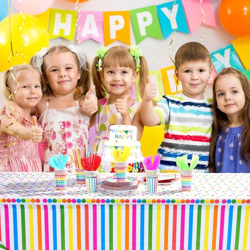 Miniatura 6 de Sepamoon 258 piezas de suministros para fiesta de cumpleaños estilo arco iris, decoraciones de cumpleaños, juego de vajilla incluye platos de fiesta