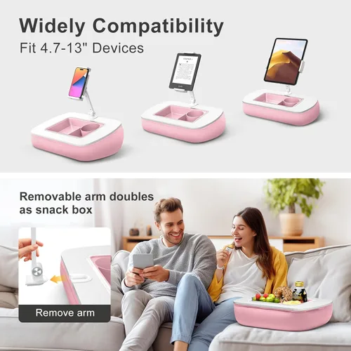 Miniatura 5 de ERGONOV Soporte de almohada para tableta para uso regazo, cuenco de aperitivos y brazo giratorio de 360°, soporte ajustable para iPad para cama, Rosa
