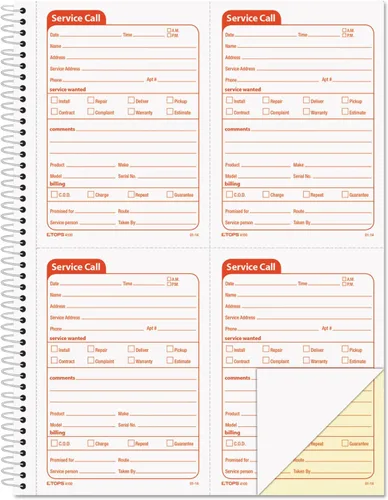 TOPS Formularios de correspondencia de llamadas de servicio, 2 partes, sin carbono, 4 juegos de mensajes por página, 200 juegos por paquete (4100)