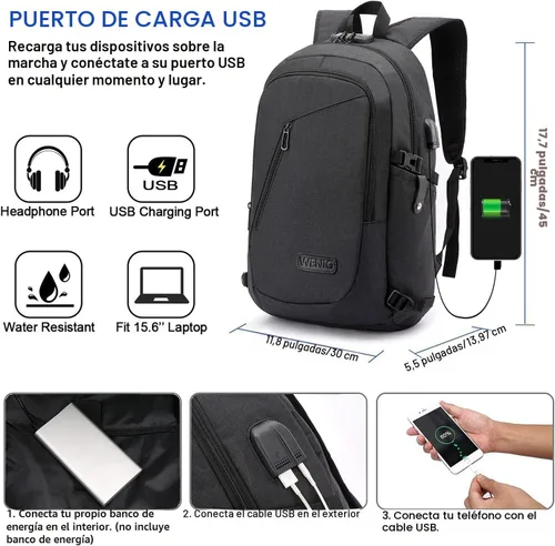 Miniatura 2 de WENIG - Mochila antirrobo para portátil de viaje con puerto de carga USB y cerradura, mochila de trabajo delgada y resistente al agua para hombres