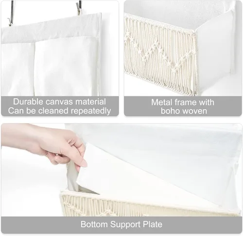 Miniatura 6 de Mkono Organizador de macramé sobre la puerta, decoración bohemia para colgar del cuarto de bebé, con 3 bolsillos grandes tejidos, organizador