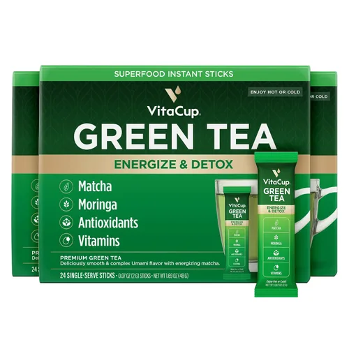 Miniatura 15 de VitaCup Paquetes instantáneos de té verde, mejora la energía y la desintoxicación con matcha, moringa, vitaminas B, D3, fibra, keto, paleo, vegano