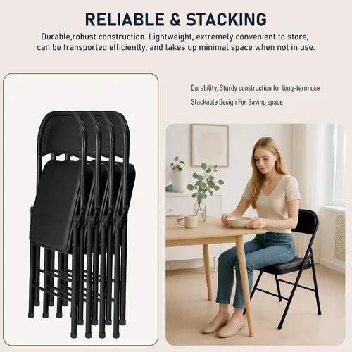 Miniatura 6 de Paquete de 4 sillas plegables negras con cojín, silla plegable acolchada con asiento y respaldo de piel sintética, sillas plegables de metal