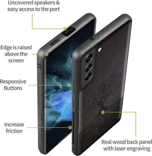 Miniatura 8 de Carveit Funda de madera para Galaxy S22 [madera real dura y TPU suave] a prueba de golpes, funda protectora híbrida única y elegante, diseño