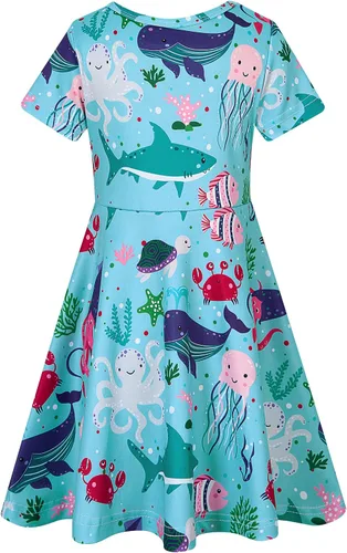 Miniatura 2 de RAISEVERN Vestido de manga corta para niña, estampado 3D, falda casual para fiesta temática de vacaciones, 2-9T