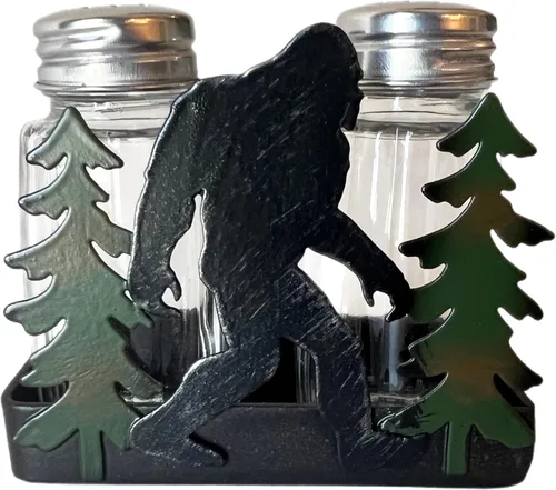Bigfoot Sasquatch Yeti - Juego de salero y pimentero, silueta de metal, escena silvestre con cocteleras de vidrio, decoración artística de montaña