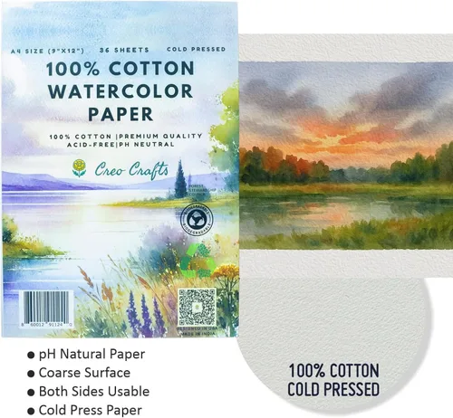 Miniatura 4 de Creo Crafts Papel de acuarela 100% algodón de 9 x 12 pulgadas, 36 hojas, A4, prensado en frío, sin ácidos, pH neutro, papel prémium de grado