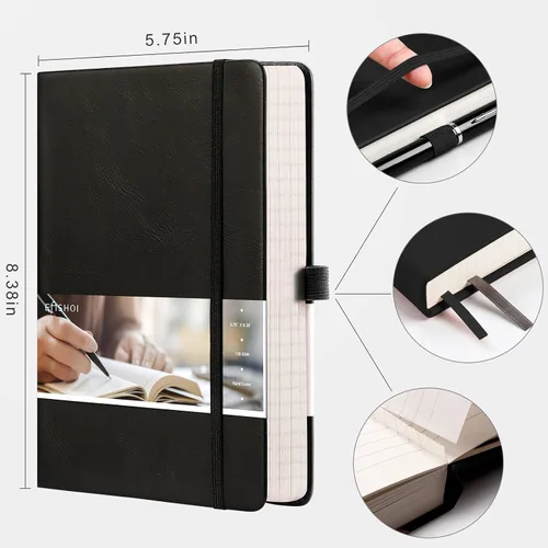 Miniatura 5 de EMSHOI - Cuaderno rayado para la universidad, 256 páginas numeradas tamaño A5, papel grueso de 3.54 oz/y², 16 páginas perforadas, tapa dura de piel
