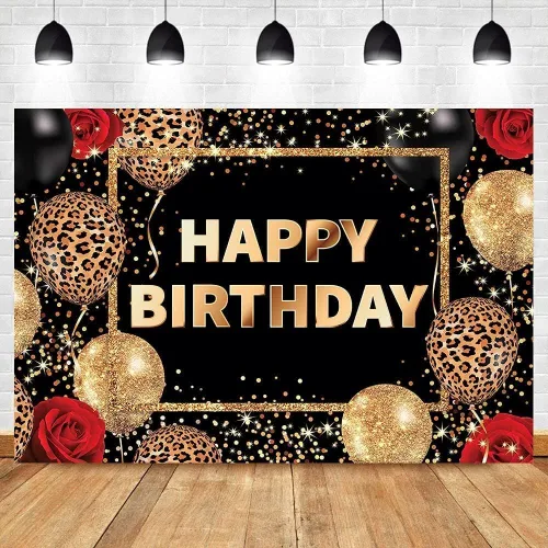 Miniatura 25 de Telón de fondo de feliz cumpleaños negro y rosa de 7 pulgadas de ancho x 5 pies de alto, tela de poliéster, globos de lazo femenino, pastel