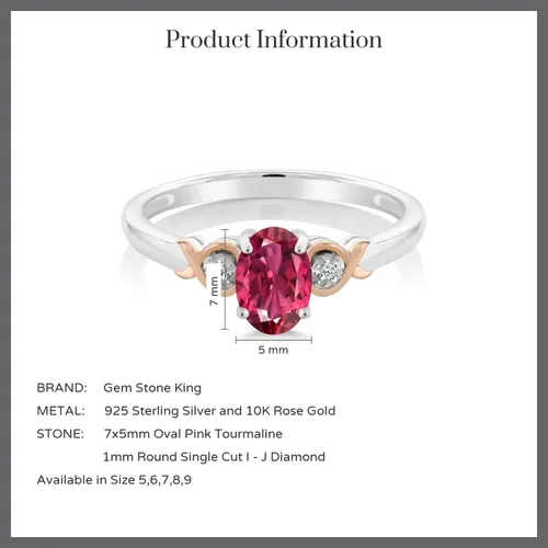 Miniatura 55 de Gem Stone King Anillo de compromiso de plata de ley 925 y oro rosa de 10 quilates, piedra preciosa ovalada de 0.276 x 0.197 in, con acento