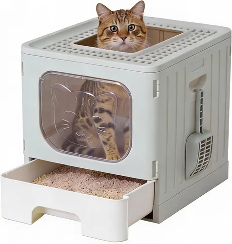 Miniatura 13 de OLIXIS Caja de arena para gatos con tapa, caja grande plegable para gatos con cuchara de arena, caja de arena para gatos con salida superior