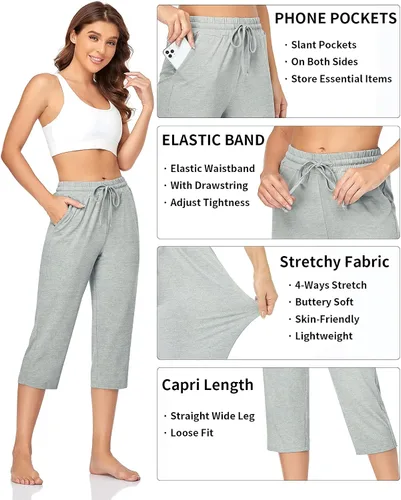 Miniatura 4 de TARSE Pantalones capri de yoga para mujer, sueltos, suaves, con cordón, pantalones de entrenamiento casuales con bolsillos
