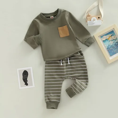 Miniatura 3 de Ropa de bebé niño 3 6 9 12 18 24M 3T Conjunto de pantalones con capucha patchwork sudadera con capucha pantalones de rayas traje de otoño invierno