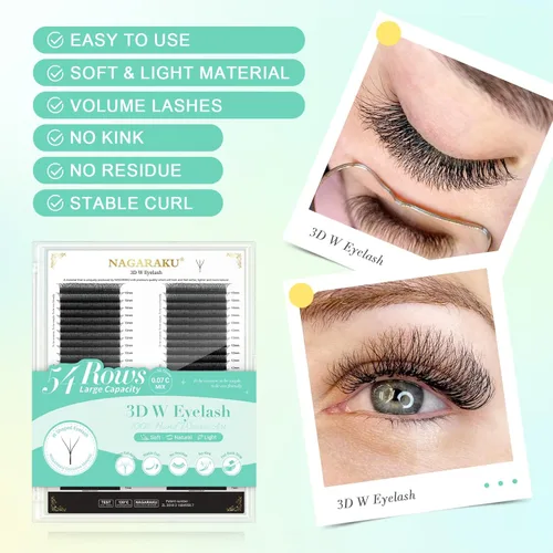 Miniatura 306 de NAGARAKU Extensiones de pestañas falsas en forma de W de 4D, suaves y naturales, con volumen, rizado D, 0.07mm, mezcla de 8-15mm, abanico 0.07-D 4D W