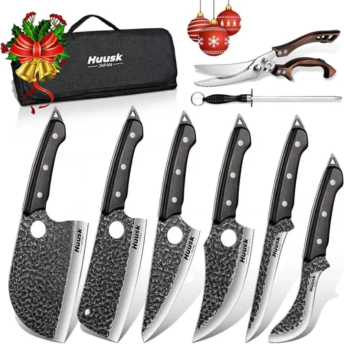 Huusk Juego de cuchillos de chef serbio - Juego de 6 cuchillos de carnicero forjados a mano para cortar carne, cuchillos vikingos con bolsa para