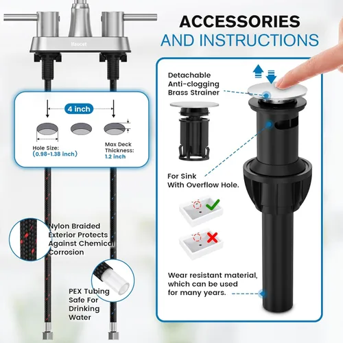 Miniatura 4 de Grifos de baño, grifo de baño de 3 agujeros, grifo de lavabo de baño, grifo para lavabo de 4 pulgadas con 2 manijas tipo centerset, libre de plomo