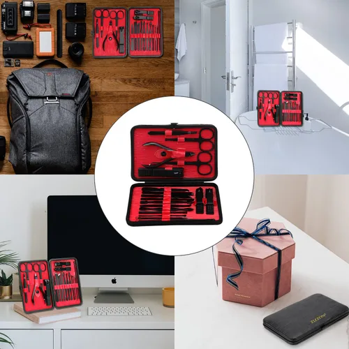 Miniatura 7 de ZIZZON Juego de manicura 18 en 1 profesional de pedicura con tijeras de uñas, kit de aseo con estuche de viaje de cuero (negro/rojo)