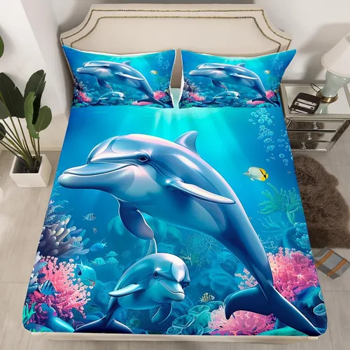 Erosebridal Juego de sábanas de delfín azul océano para adolescentes y niños, juegos de ropa de cama 3D submarino bajo el mar, vida marina,