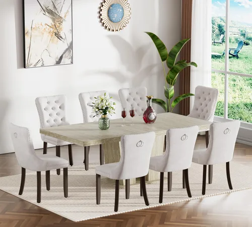 Miniatura 20 de Henf Juego de mesa de comedor extensible de 7 piezas para 6, 160 cm-200 cm Mesa de cocina extensible de grano de mármol blanco con 6 sillas Blanco