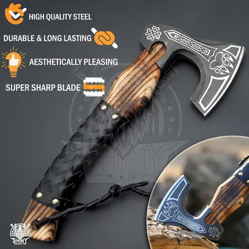 Miniatura 3 de Hacha vikinga decorativa - Regalo único para papá Hoja de acero al carbono con mango de cuero perfecto para bushcraft o exhibición (SCA-16)