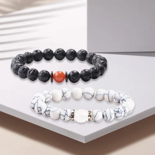 Miniatura 16 de 2 pulseras magnéticas para parejas, piedra natural negra mate, cristal para votos de amor eterno, juego de pulseras de cuentas de piedra de energía