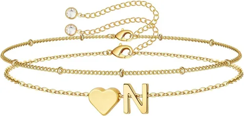 Miniatura 9 de M MOOHAM Pulseras de oro con inicial de corazón para mujer, pulseras con dije de letra A-Z de corazón dorado en capas para mujer, pulseras